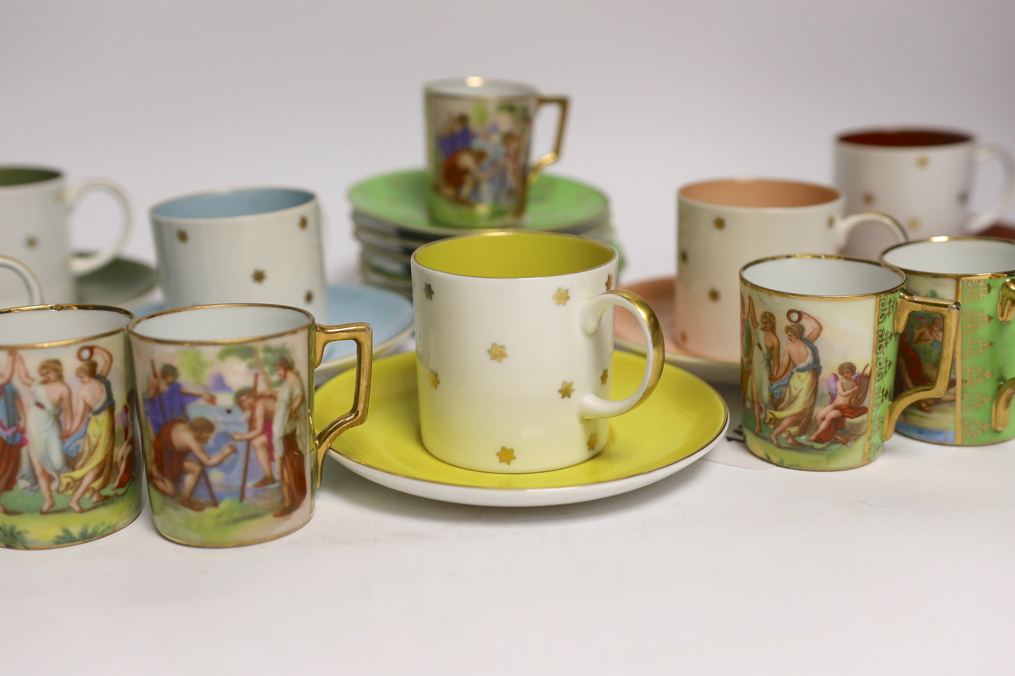 Set of six Susie Cooper bone china multi-coloured cups and saucers together with six Victoria saucers and five cups, largest 14cm in diameter